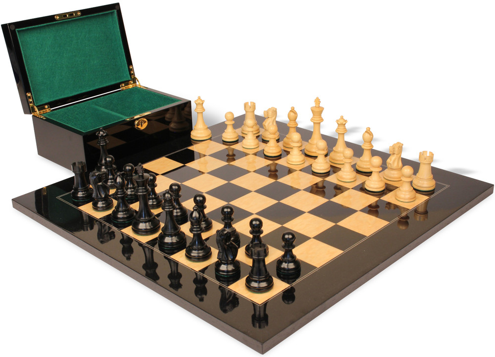 British Staunton Chess Set - Ebonized & Boxwood Pieces - Black & Ash Burl Chess Board & Box - 3.5" King
